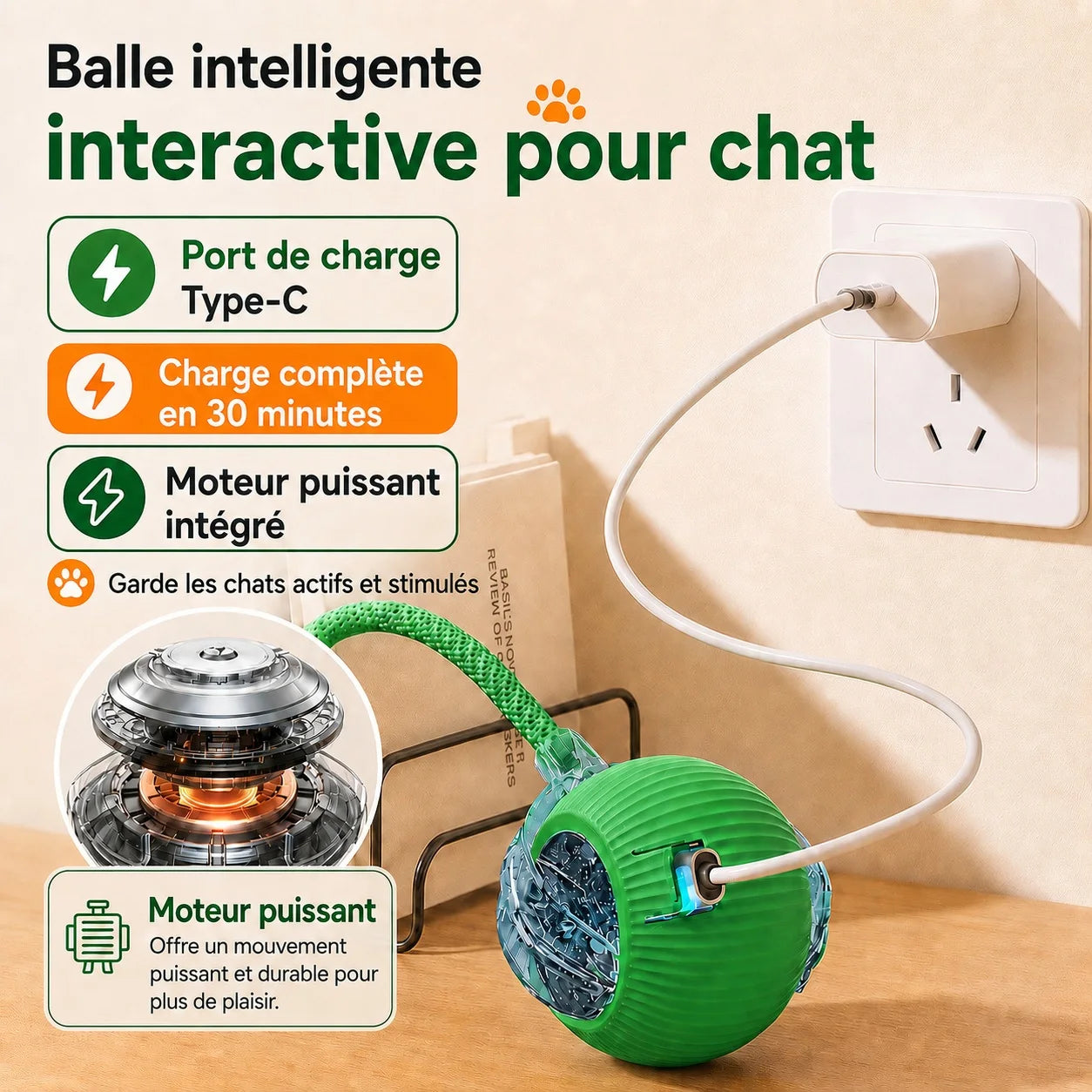 Balle Interactive Intelligente pour Chat — Roulante & Rechargeable