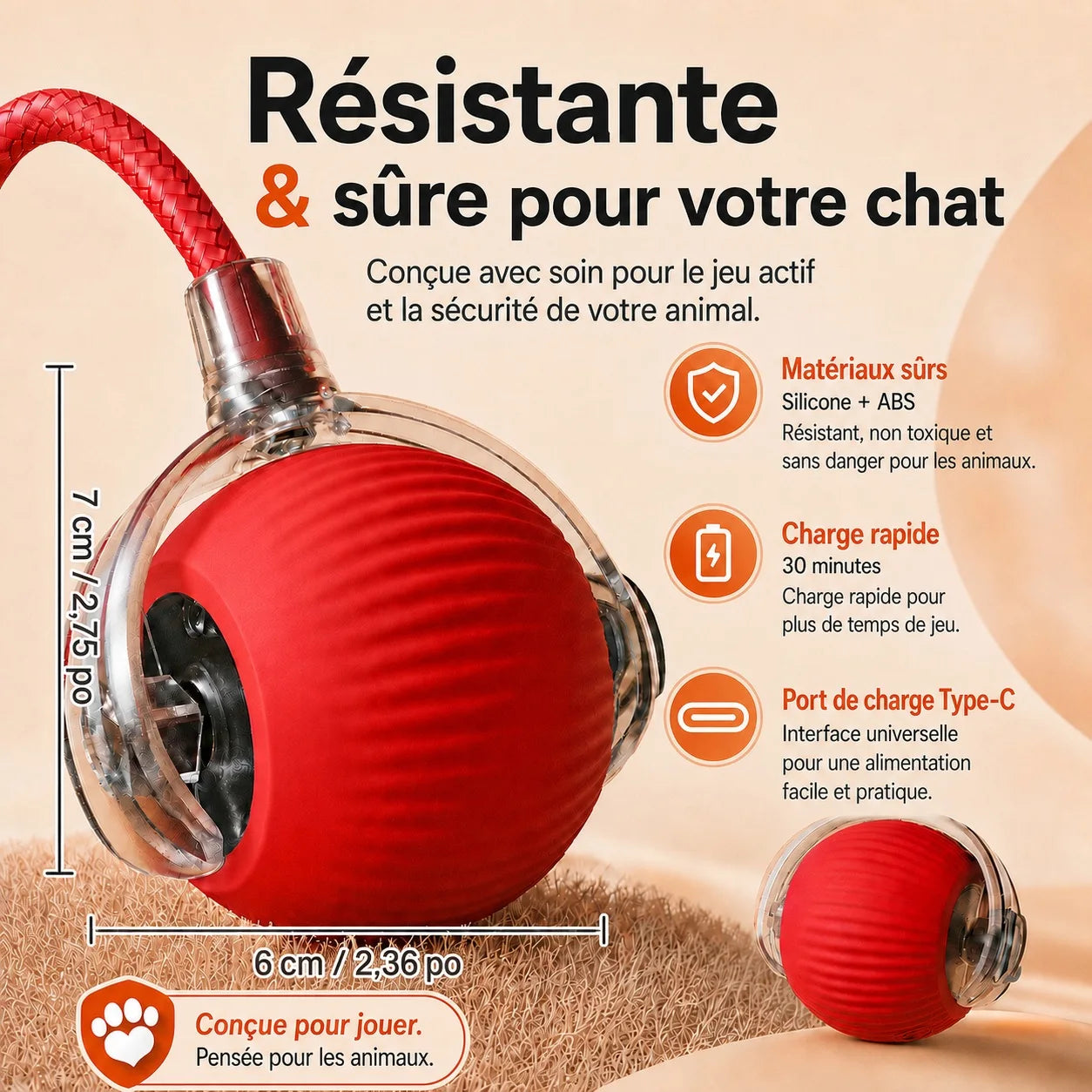 Balle Interactive Intelligente pour Chat — Roulante & Rechargeable